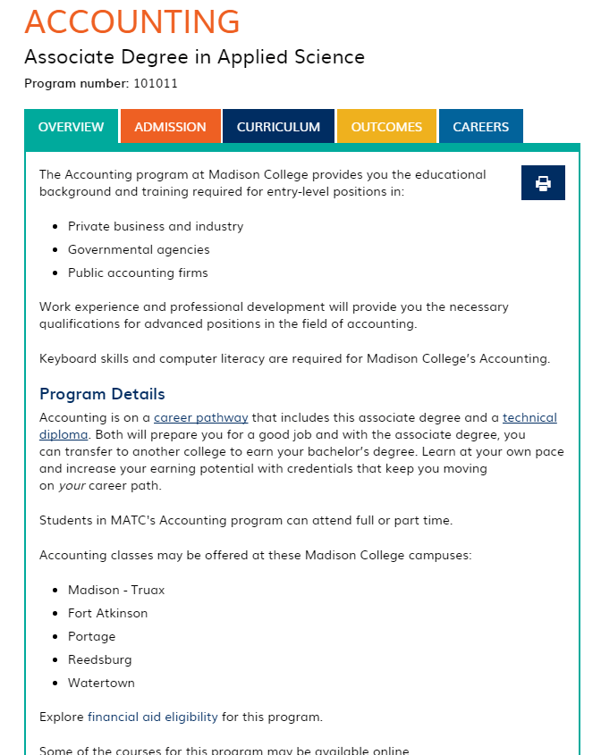 Accounting program page Madison College