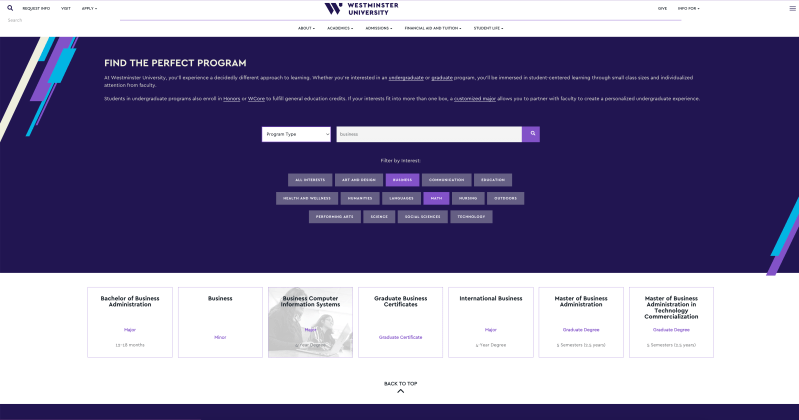Screenshot of Westminster University's Program Search Page